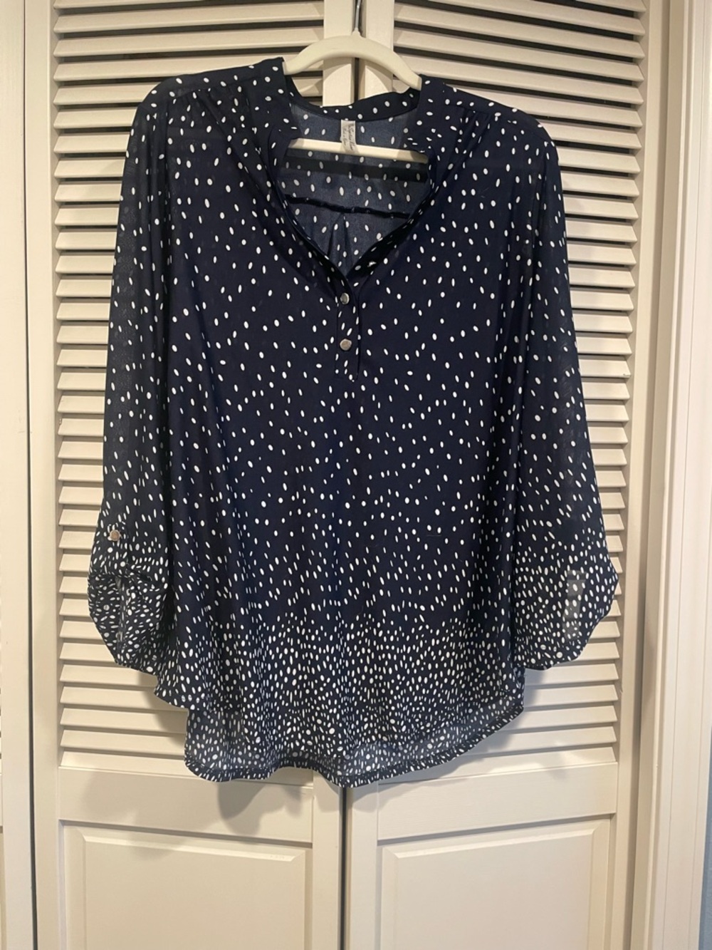 Perseption Navy and White Dot Pullover Sheer Lined Blouse